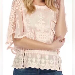 DEMOCRACY Women’s Blush Pink Crochet Lace Butterfly Sleeve Blouse Size M